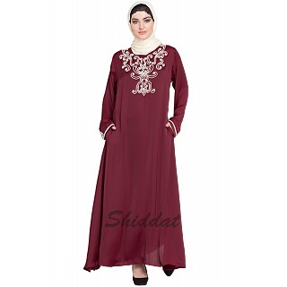 Designer Embellished Nida abaya- Maroon 